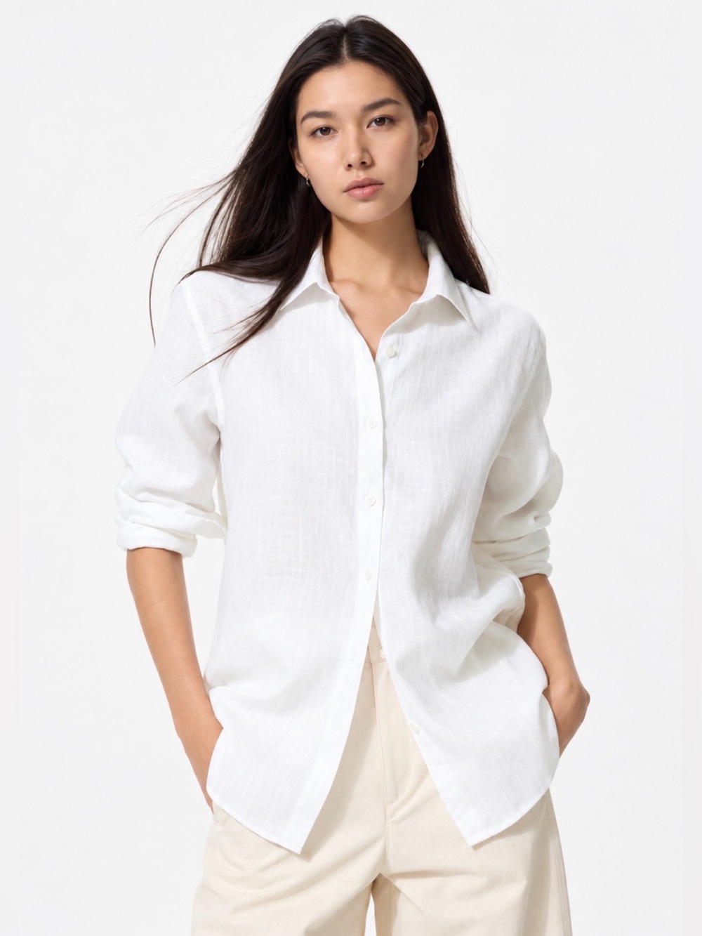 Uniqlo Premium 100% Linen Button Up Shirt Women’s Size M White Beachy Casual